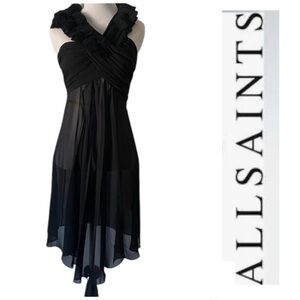 ALLSAINTS Florianna Silk Dress Ruffle X-Strap Ruched Flare Sheer Crepe Black
